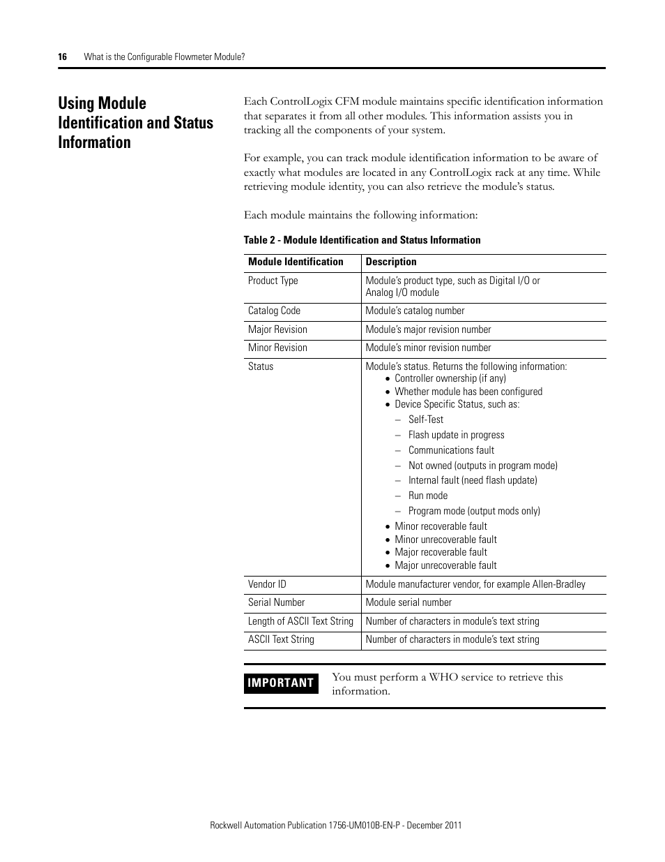 Using module identification and status information, Using module identification and status, Information | Rockwell Automation 1756-CFM ControlLogix Configurable Flowmeter Module User Manual | Page 16 / 168