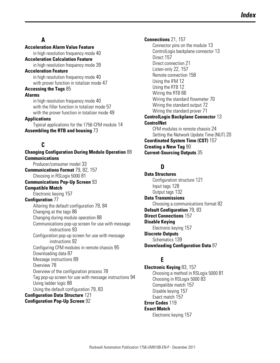 Index | Rockwell Automation 1756-CFM ControlLogix Configurable Flowmeter Module User Manual | Page 161 / 168