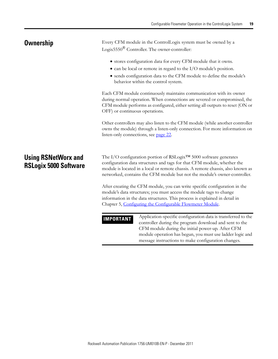 Ownership, Using rsnetworx and rslogix 5000 software | Rockwell Automation 1756-CFM ControlLogix Configurable Flowmeter Module User Manual | Page 19 / 168