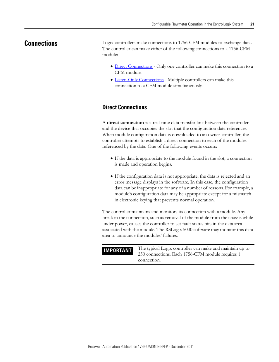 Connections, Direct connections | Rockwell Automation 1756-CFM ControlLogix Configurable Flowmeter Module User Manual | Page 21 / 168
