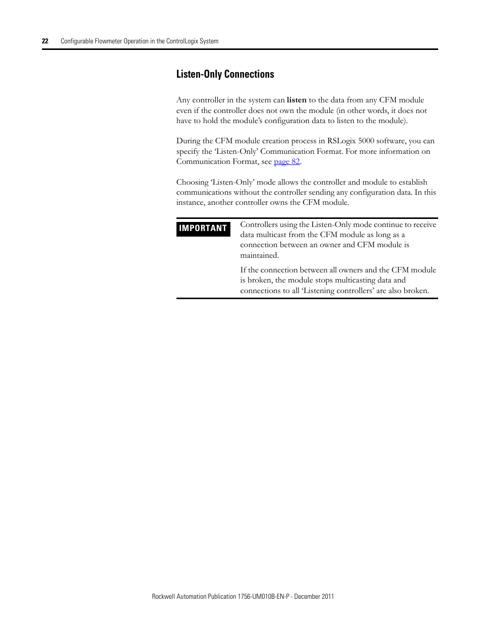 Listen-only connections, Multiple controllers can mak | Rockwell Automation 1756-CFM ControlLogix Configurable Flowmeter Module User Manual | Page 22 / 168