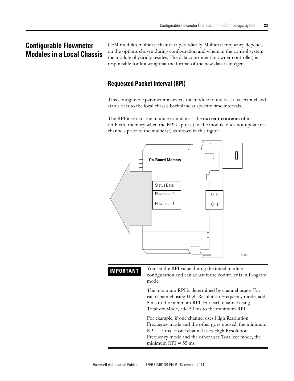 Configurable flowmeter modules in a local chassis, Requested packet interval (rpi), Requested | Rockwell Automation 1756-CFM ControlLogix Configurable Flowmeter Module User Manual | Page 23 / 168