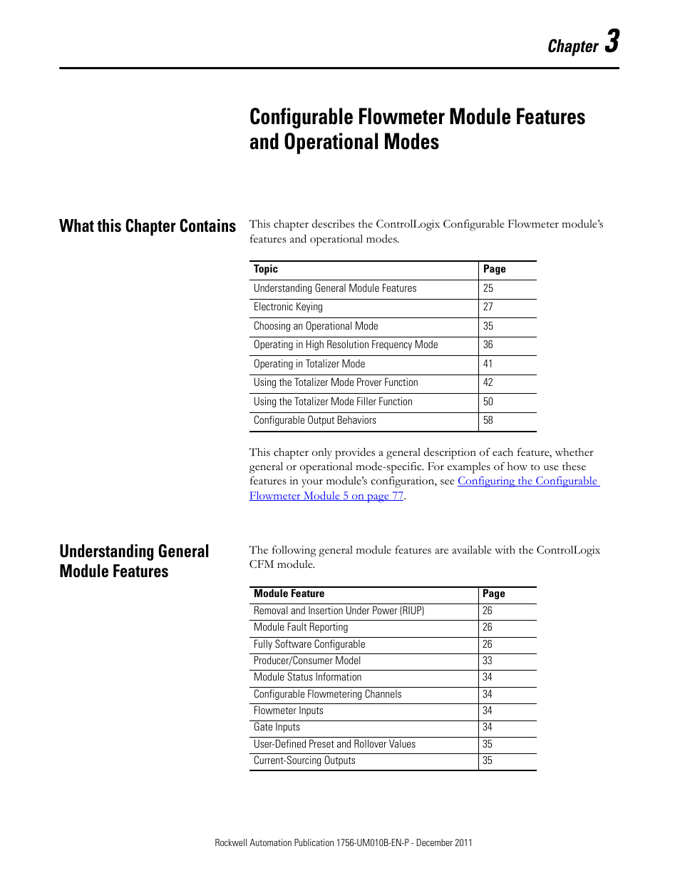 What this chapter contains, Understanding general module features, Chapter | Rockwell Automation 1756-CFM ControlLogix Configurable Flowmeter Module User Manual | Page 25 / 168