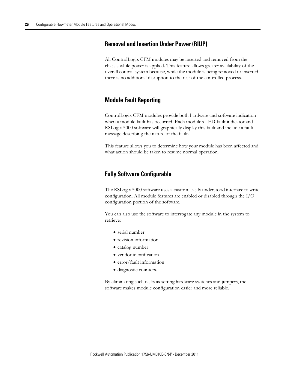 Removal and insertion under power (riup), Module fault reporting, Fully software configurable | Rockwell Automation 1756-CFM ControlLogix Configurable Flowmeter Module User Manual | Page 26 / 168