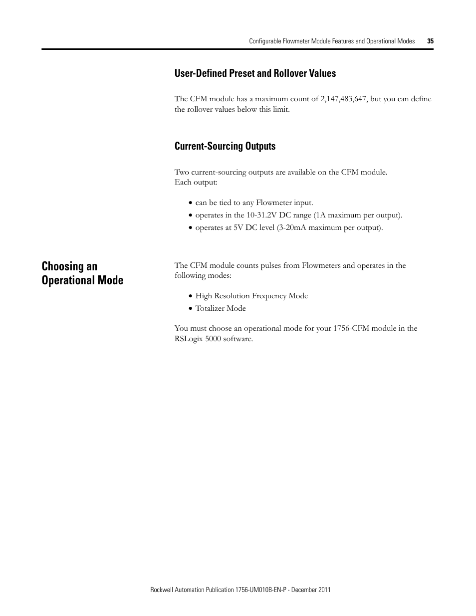User-defined preset and rollover values, Current-sourcing outputs, Choosing an operational mode | Rockwell Automation 1756-CFM ControlLogix Configurable Flowmeter Module User Manual | Page 35 / 168