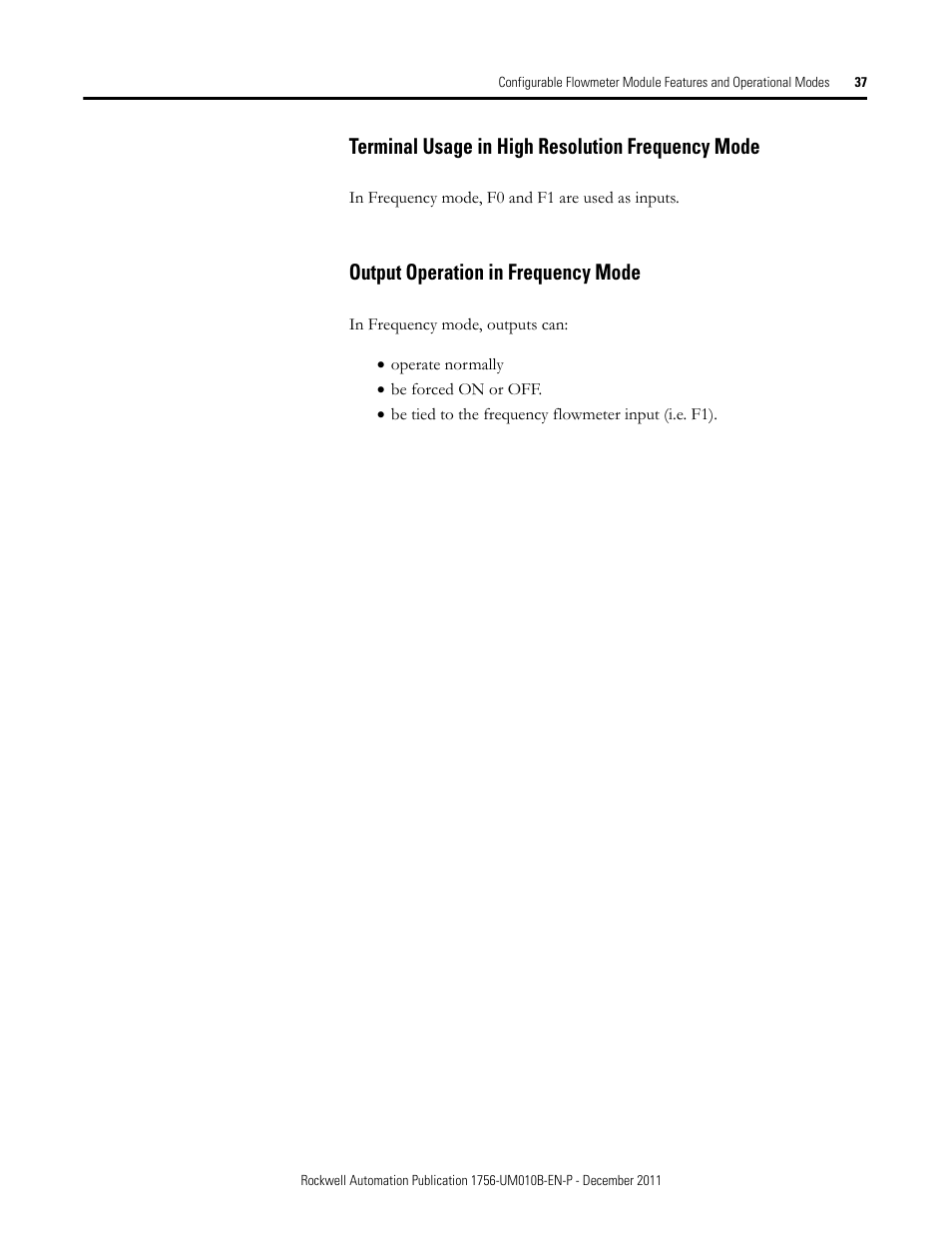 Terminal usage in high resolution frequency mode, Output operation in frequency mode | Rockwell Automation 1756-CFM ControlLogix Configurable Flowmeter Module User Manual | Page 37 / 168