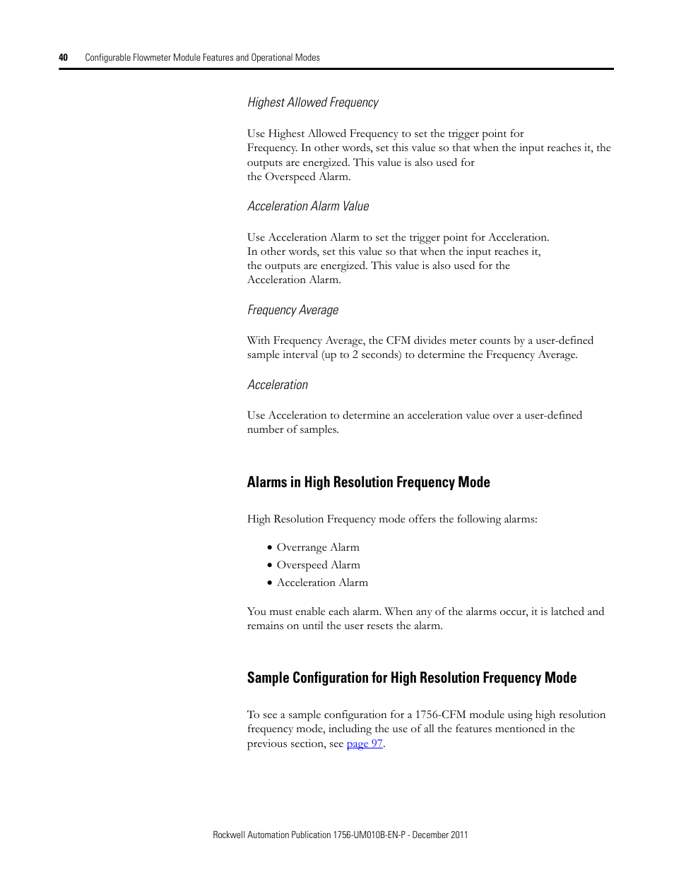 Alarms in high resolution frequency mode | Rockwell Automation 1756-CFM ControlLogix Configurable Flowmeter Module User Manual | Page 40 / 168