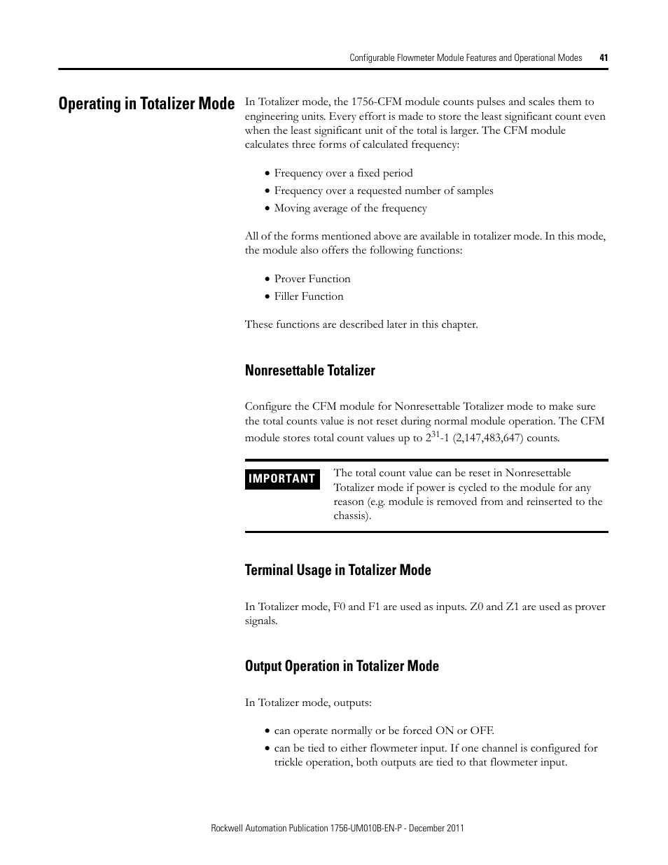 Operating in totalizer mode, Nonresettable totalizer, Terminal usage in totalizer mode | Output operation in totalizer mode | Rockwell Automation 1756-CFM ControlLogix Configurable Flowmeter Module User Manual | Page 41 / 168