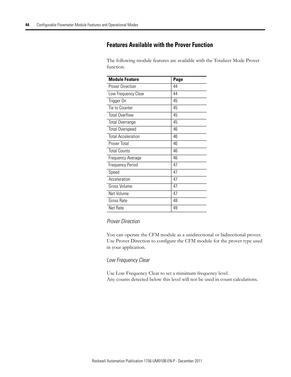 Features available with the prover function | Rockwell Automation 1756-CFM ControlLogix Configurable Flowmeter Module User Manual | Page 44 / 168