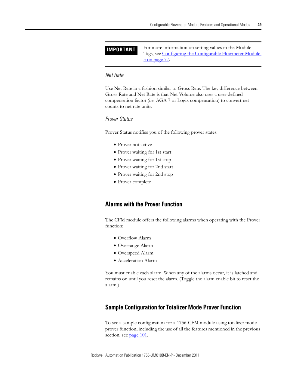 Alarms with the prover function | Rockwell Automation 1756-CFM ControlLogix Configurable Flowmeter Module User Manual | Page 49 / 168