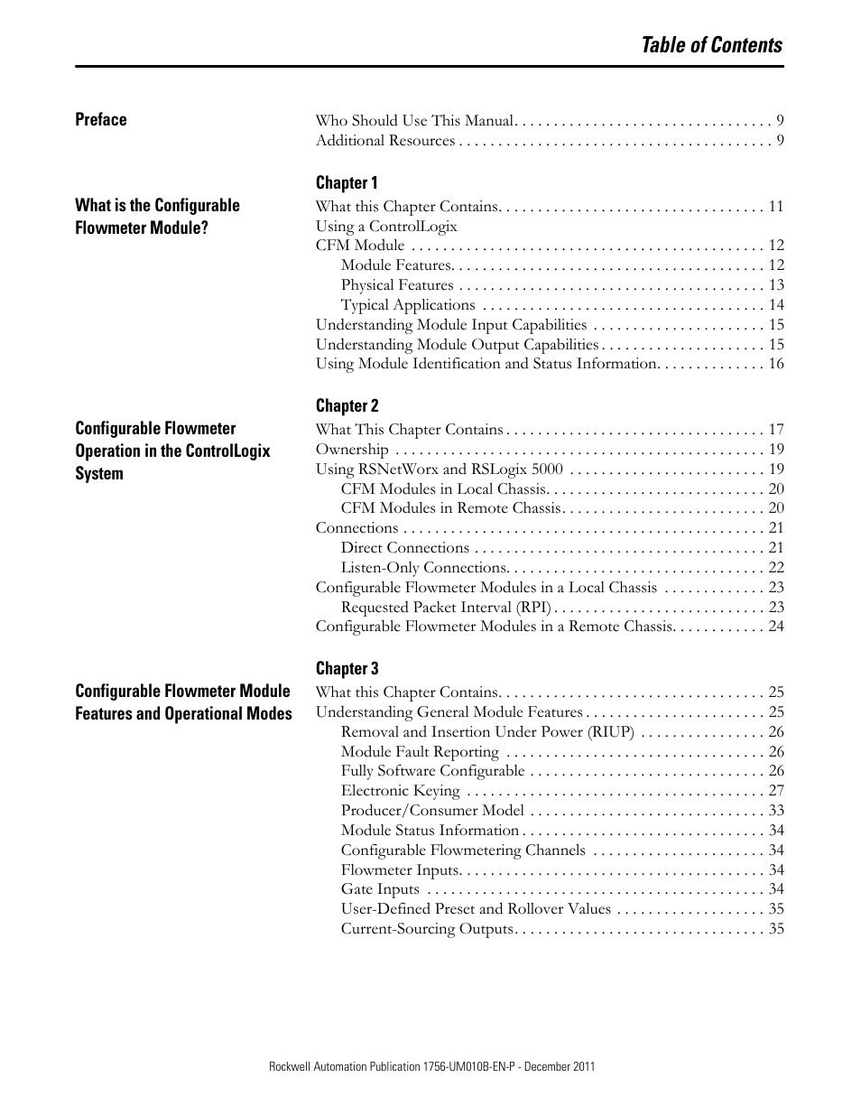 Who should use this manual 9, Additional resources 9, What this chapter contains 11 | Using a controllogix cfm module 12, Understanding module input capabilities 15, Understanding module output capabilities 15, What this chapter contains 17, Ownership 19, Using rsnetworx and rslogix 5000 19, Connections 21 | Rockwell Automation 1756-CFM ControlLogix Configurable Flowmeter Module User Manual | Page 5 / 168