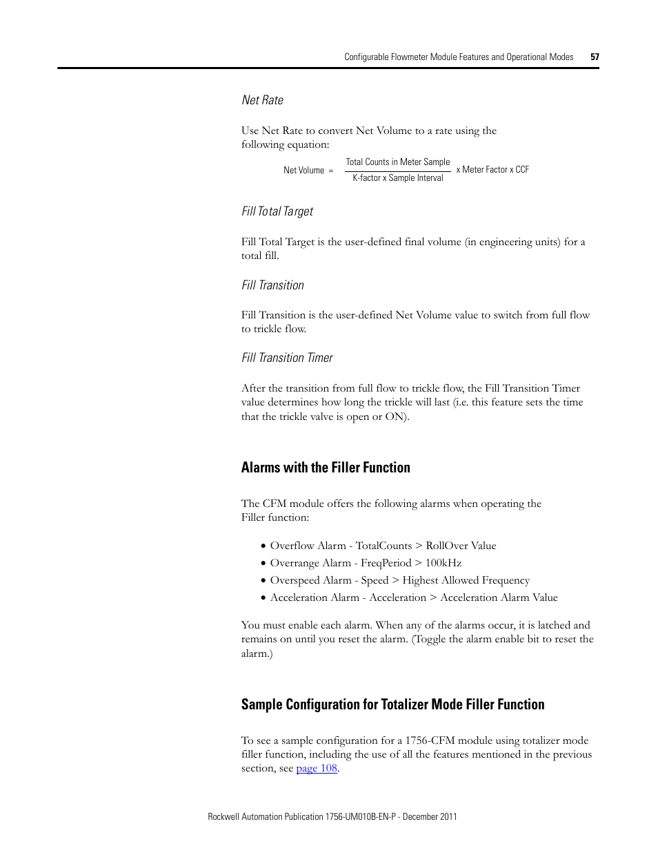 Alarms with the filler function | Rockwell Automation 1756-CFM ControlLogix Configurable Flowmeter Module User Manual | Page 57 / 168