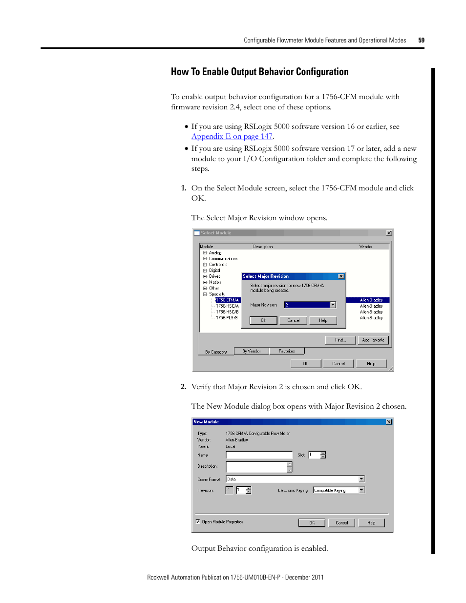 How to enable output behavior configuration | Rockwell Automation 1756-CFM ControlLogix Configurable Flowmeter Module User Manual | Page 59 / 168