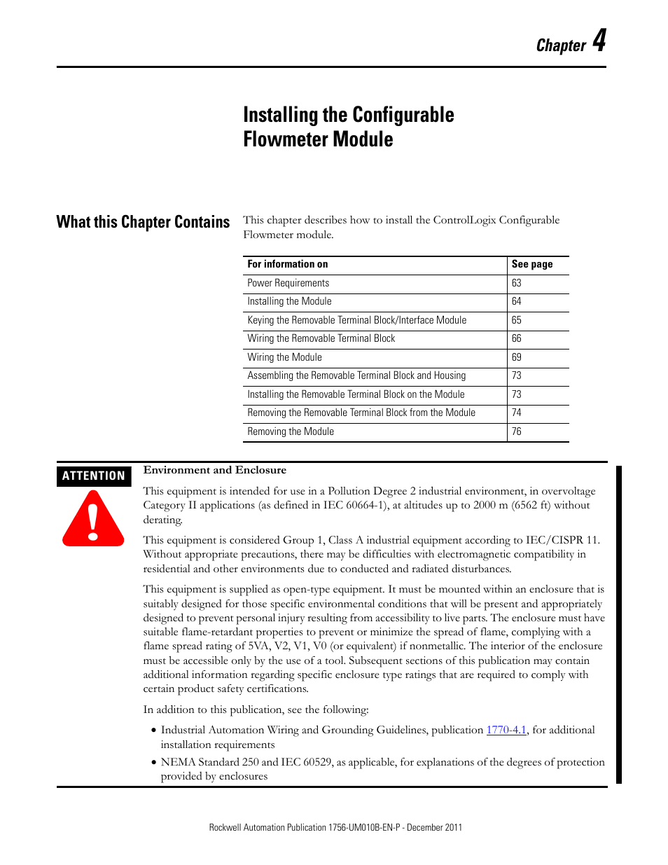 4 - installing the configurable flowmeter module, What this chapter contains, Installing the configurable flowmeter module | Chapter | Rockwell Automation 1756-CFM ControlLogix Configurable Flowmeter Module User Manual | Page 61 / 168