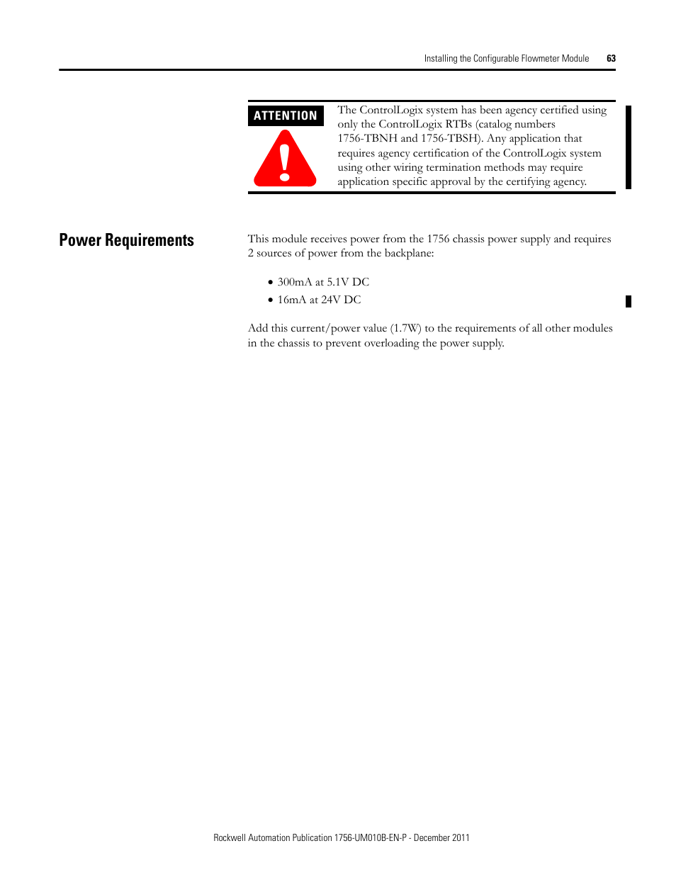 Power requirements | Rockwell Automation 1756-CFM ControlLogix Configurable Flowmeter Module User Manual | Page 63 / 168