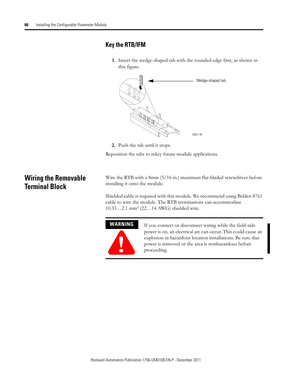 Key the rtb/ifm, Wiring the removable terminal block | Rockwell Automation 1756-CFM ControlLogix Configurable Flowmeter Module User Manual | Page 66 / 168