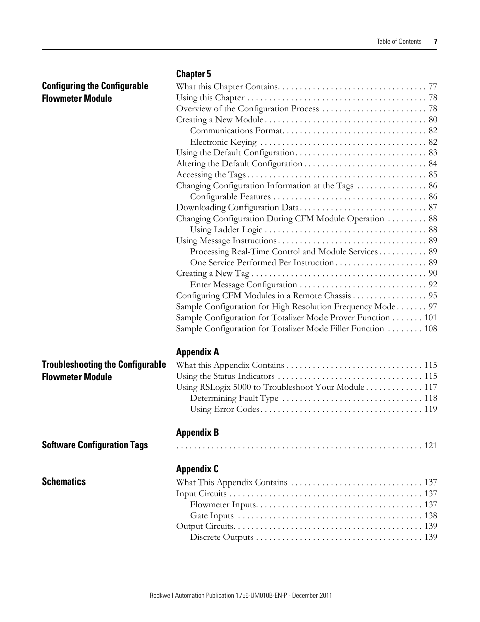 What this chapter contains 77, Using this chapter 78, Overview of the configuration process 78 | Creating a new module 80, Using the default configuration 83, Altering the default configuration 84, Accessing the tags 85, Changing configuration information at the tags 86, Downloading configuration data 87, Using message instructions 89 | Rockwell Automation 1756-CFM ControlLogix Configurable Flowmeter Module User Manual | Page 7 / 168