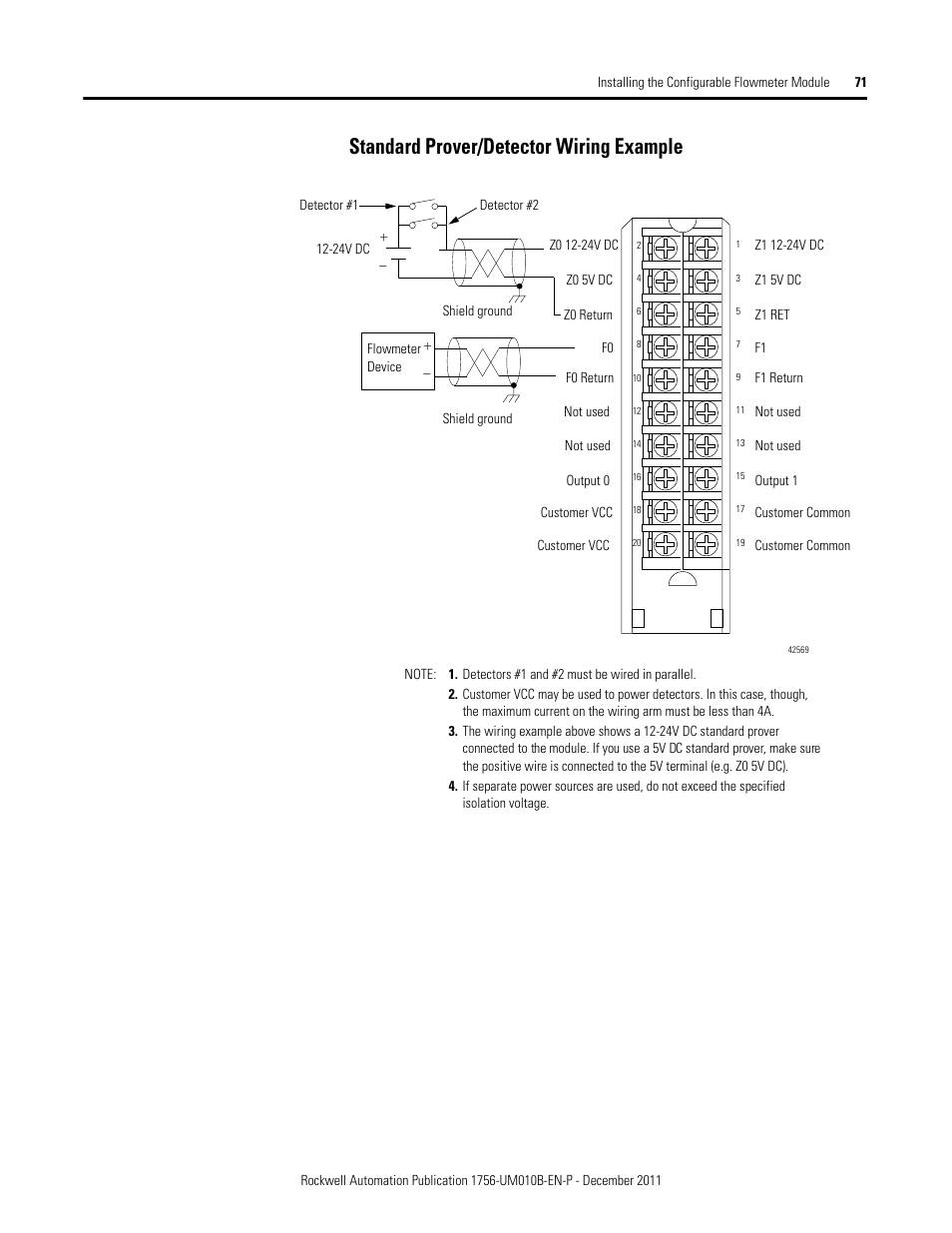 Standard prover/detector wiring example | Rockwell Automation 1756-CFM ControlLogix Configurable Flowmeter Module User Manual | Page 71 / 168