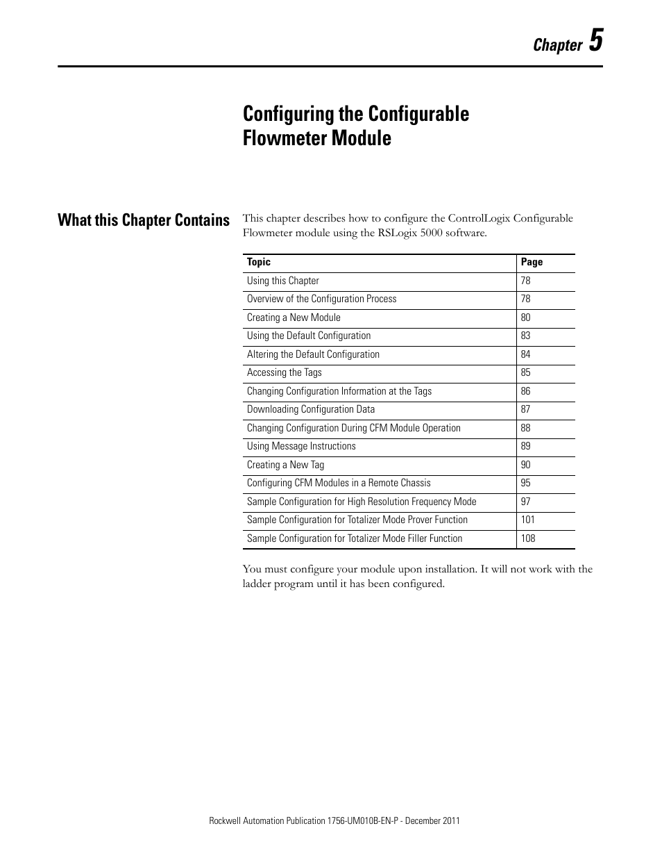 5 - configuring the configurable flowmeter module, What this chapter contains, Ter 5 | Configuring the configurable flowmeter module, Configuring the configurable, Chapter | Rockwell Automation 1756-CFM ControlLogix Configurable Flowmeter Module User Manual | Page 77 / 168