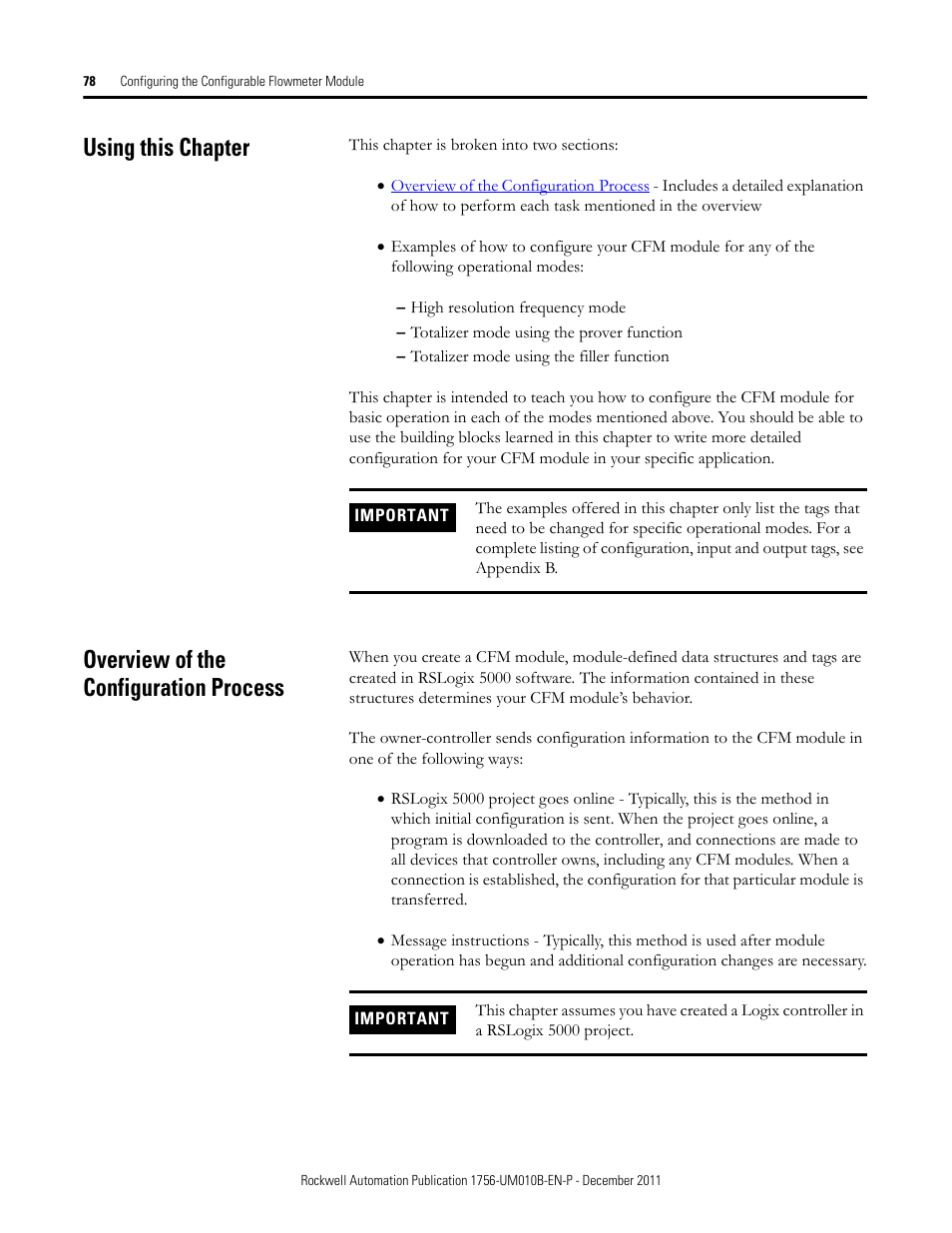 Using this chapter, Overview of the configuration process | Rockwell Automation 1756-CFM ControlLogix Configurable Flowmeter Module User Manual | Page 78 / 168