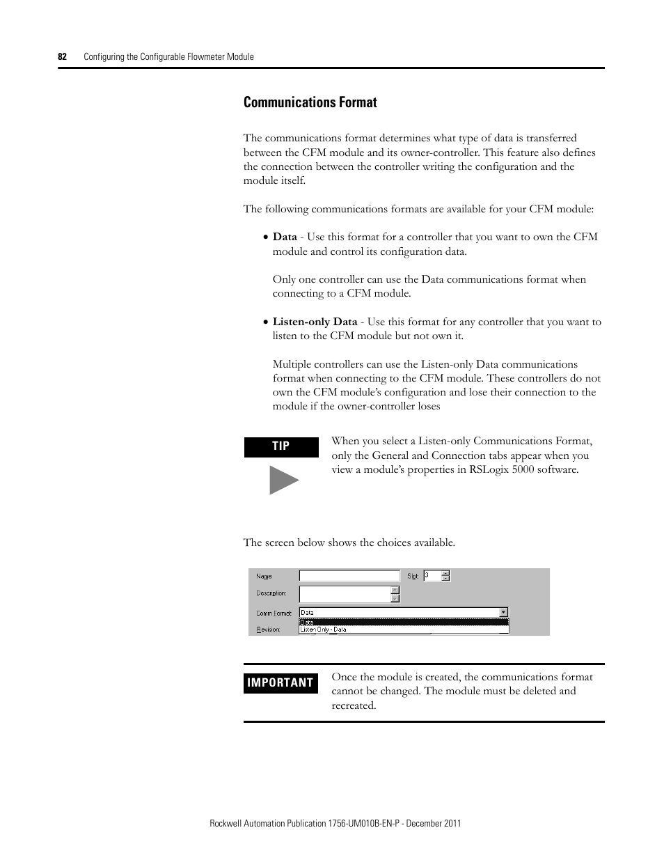 Communications format | Rockwell Automation 1756-CFM ControlLogix Configurable Flowmeter Module User Manual | Page 82 / 168
