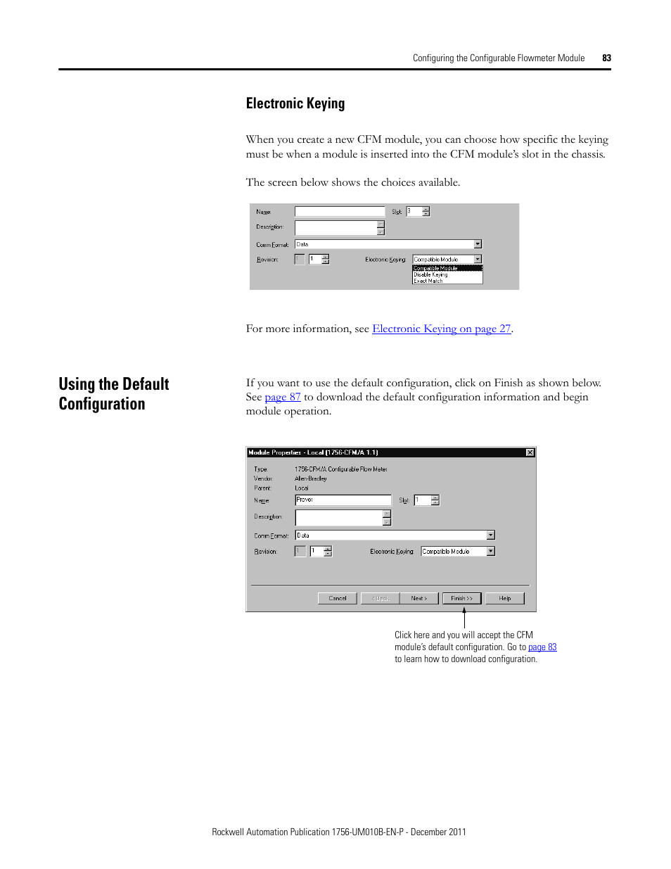 Electronic keying, Using the default configuration | Rockwell Automation 1756-CFM ControlLogix Configurable Flowmeter Module User Manual | Page 83 / 168