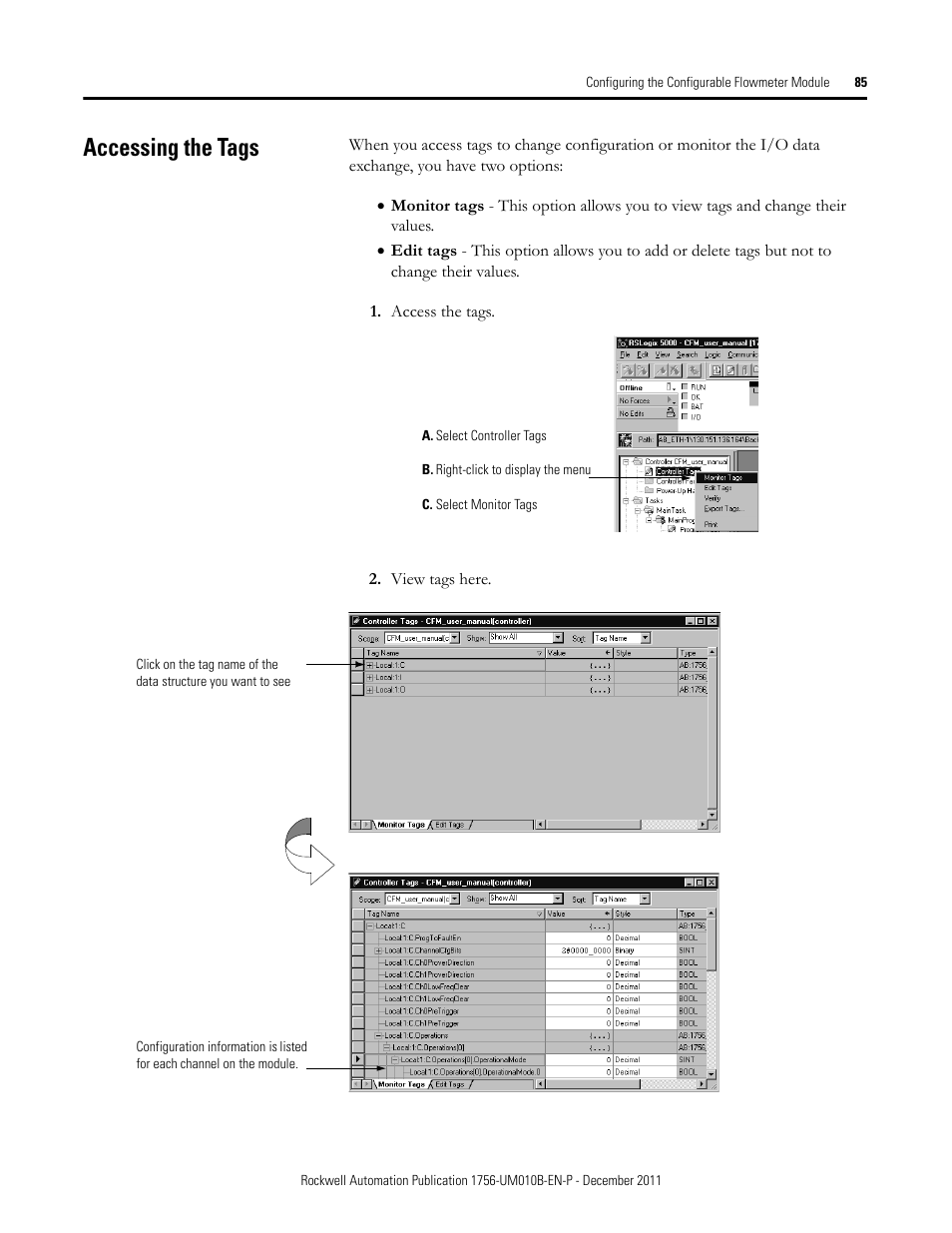 Accessing the tags | Rockwell Automation 1756-CFM ControlLogix Configurable Flowmeter Module User Manual | Page 85 / 168