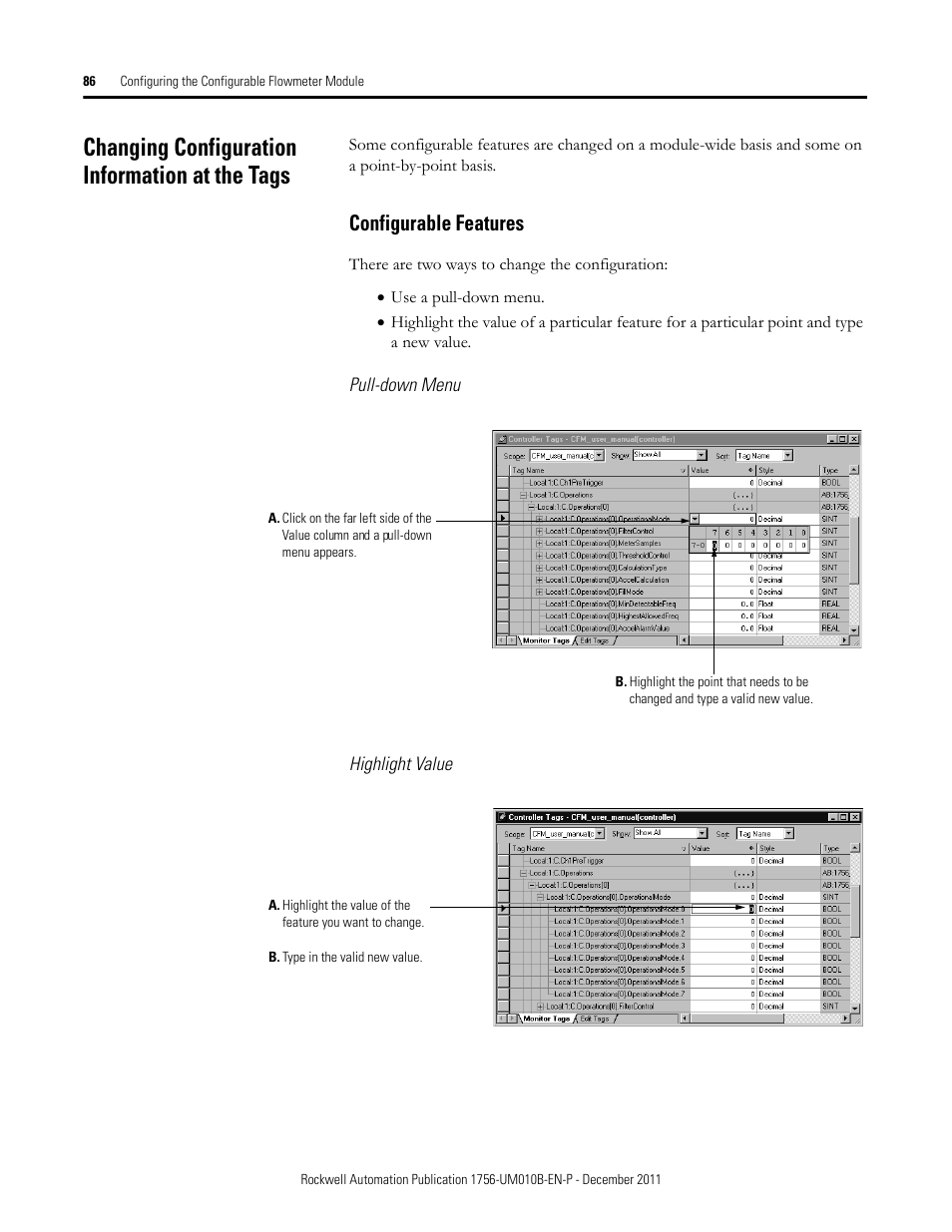Changing configuration information at the tags, Configurable features | Rockwell Automation 1756-CFM ControlLogix Configurable Flowmeter Module User Manual | Page 86 / 168