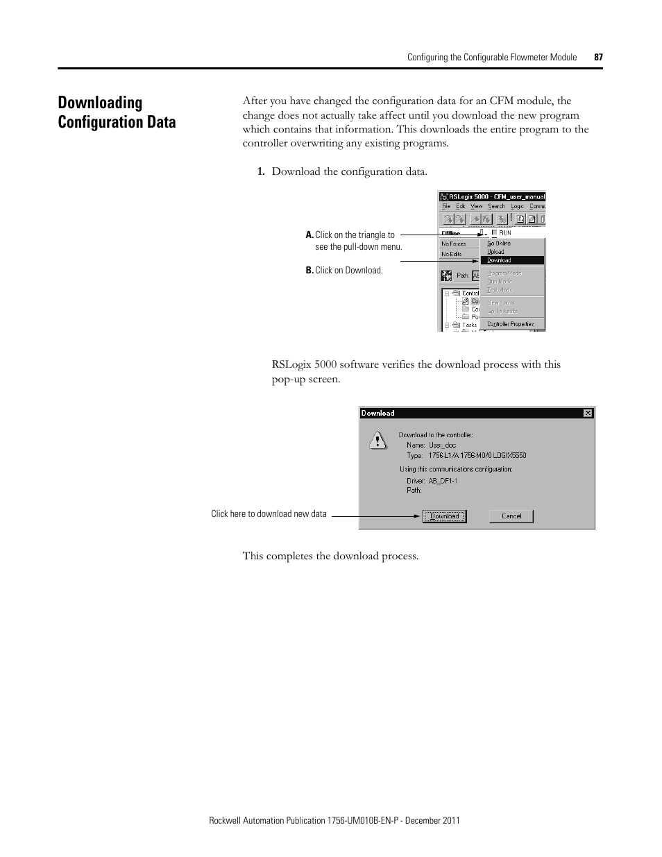Downloading configuration data | Rockwell Automation 1756-CFM ControlLogix Configurable Flowmeter Module User Manual | Page 87 / 168