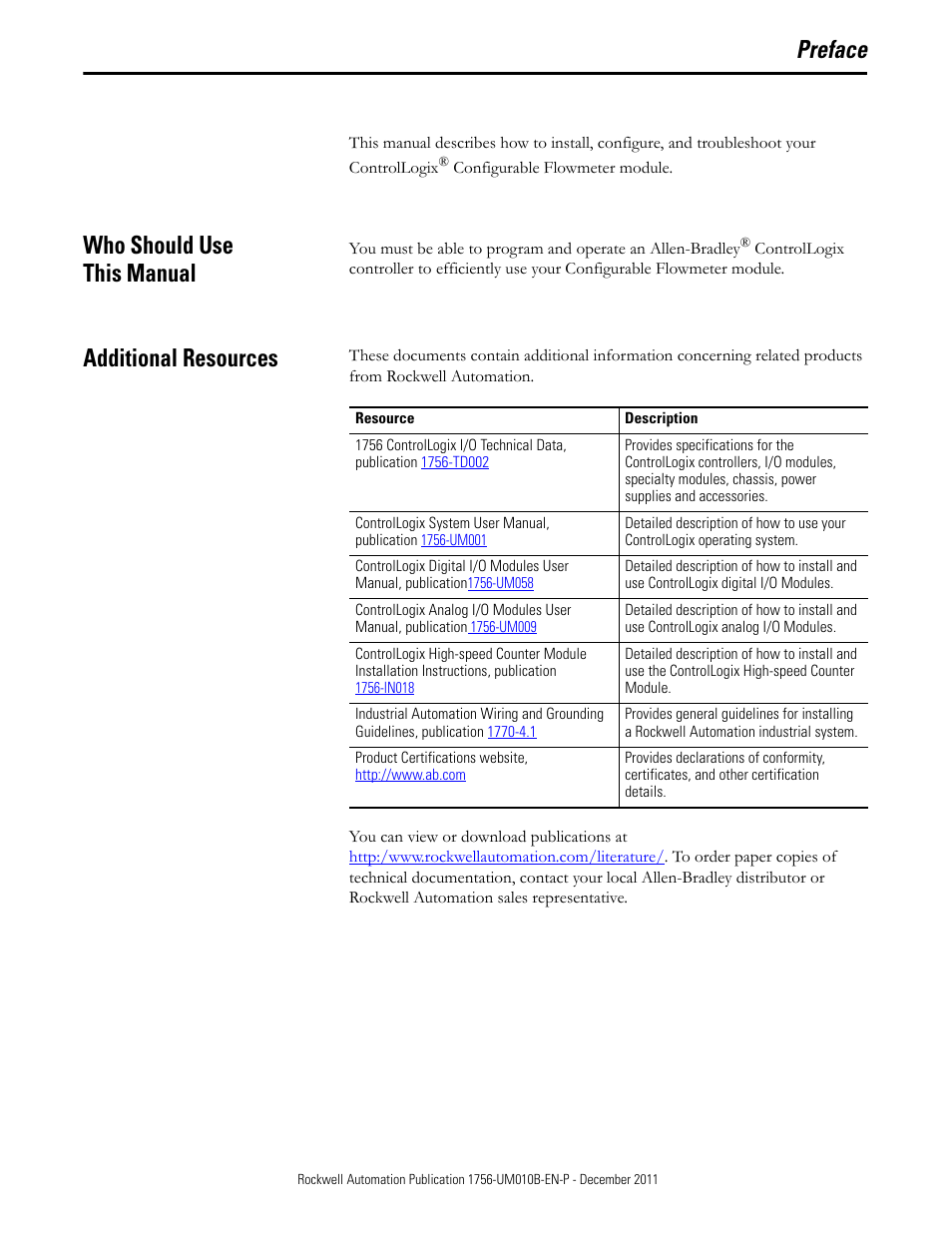 Preface, Who should use this manual, Additional resources | Rockwell Automation 1756-CFM ControlLogix Configurable Flowmeter Module User Manual | Page 9 / 168