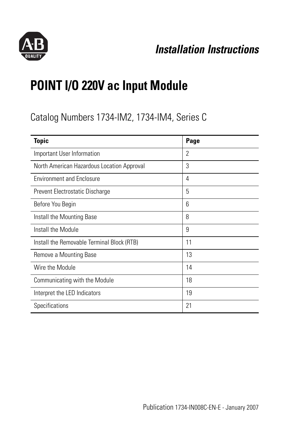 Rockwell Automation 1734-IM2_IM4 POINT I/O 220V AC Input Module User Manual | 24 pages