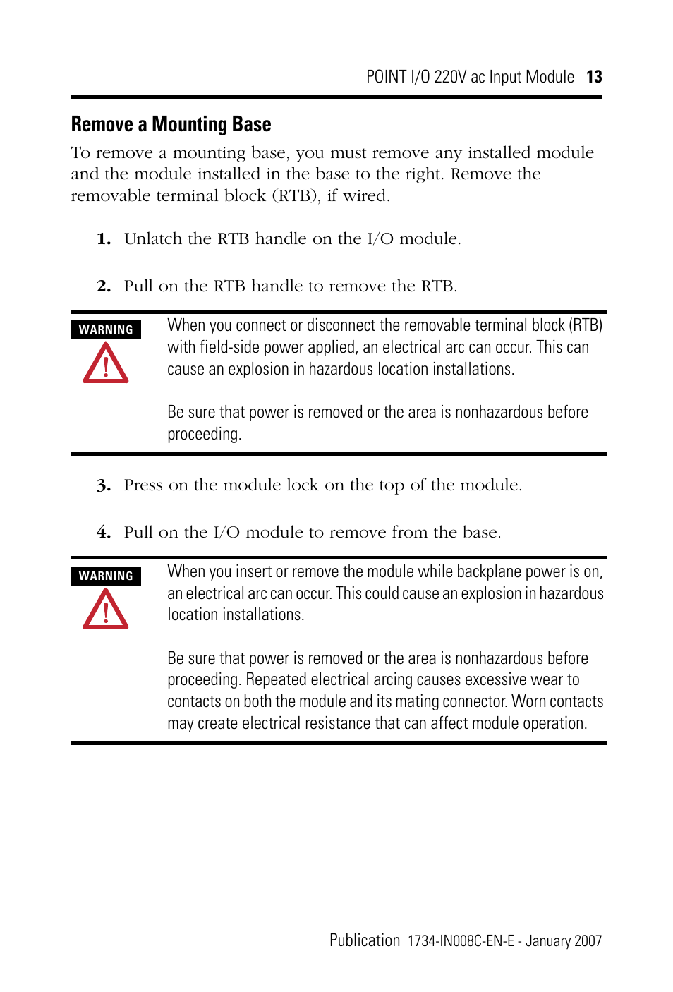 Remove a mounting base | Rockwell Automation 1734-IM2_IM4 POINT I/O 220V AC Input Module User Manual | Page 13 / 24