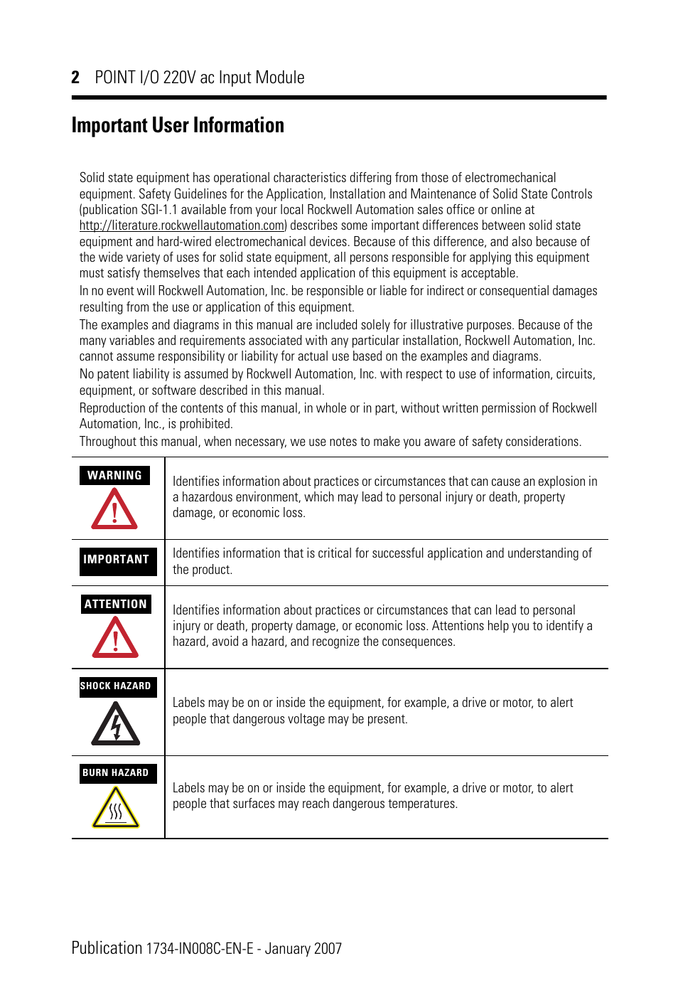 Important user information, 2 point i/o 220v ac input module publication | Rockwell Automation 1734-IM2_IM4 POINT I/O 220V AC Input Module User Manual | Page 2 / 24