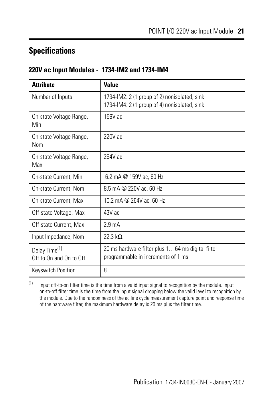 Specifications, Specifications 21 | Rockwell Automation 1734-IM2_IM4 POINT I/O 220V AC Input Module User Manual | Page 21 / 24