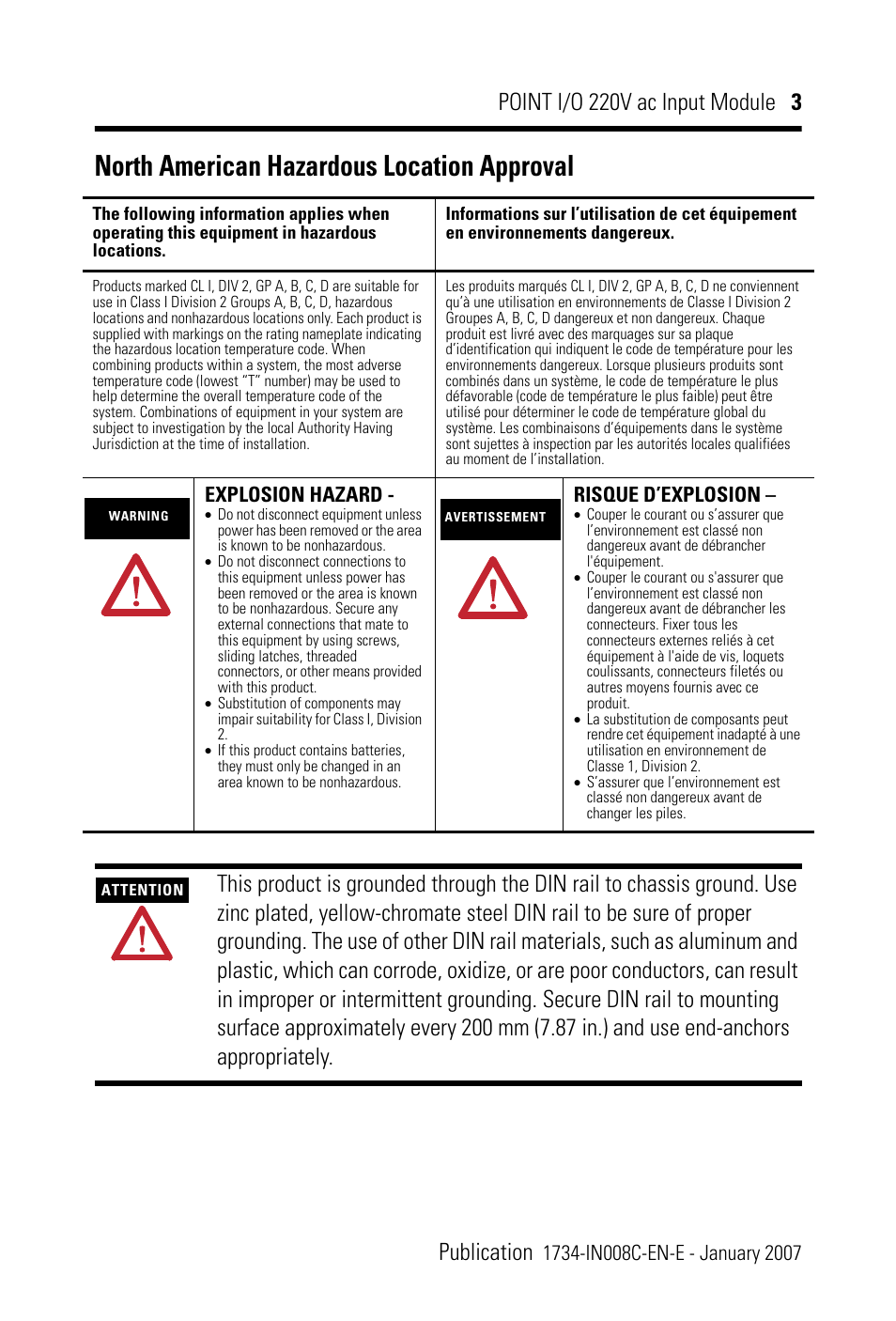 North american hazardous location approval, Point i/o 220v ac input module 3 publication, Explosion hazard | Risque d’explosion | Rockwell Automation 1734-IM2_IM4 POINT I/O 220V AC Input Module User Manual | Page 3 / 24