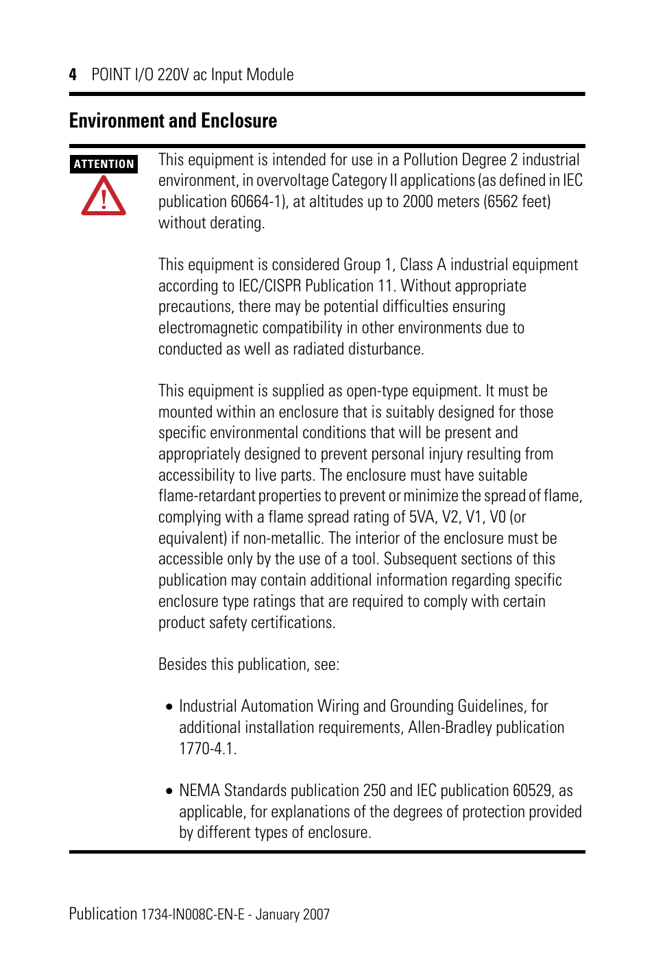 Environment and enclosure | Rockwell Automation 1734-IM2_IM4 POINT I/O 220V AC Input Module User Manual | Page 4 / 24