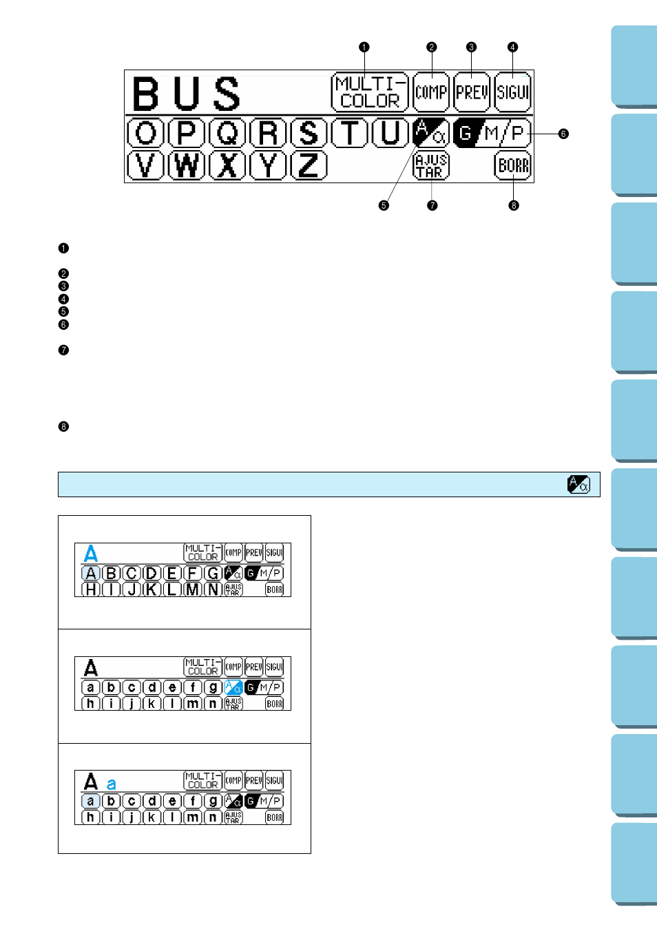 Mayúscula y minúscula, Mayúsculas y minúsculas, Pantalla a | Brother PERSONAL EMBROIDERY SYSTEM PE-150 User Manual | Page 107 / 146