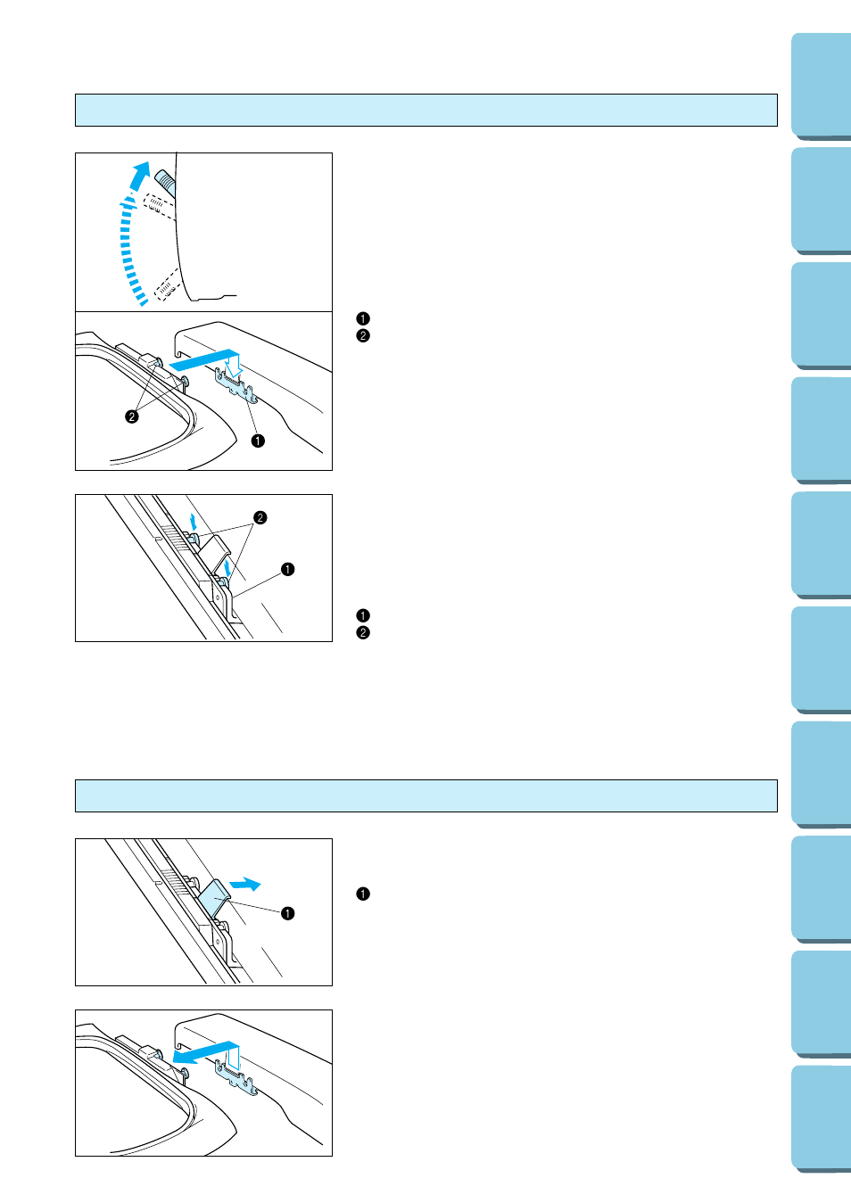 Instalación del marco de bordado en la máquina, Desmontaje del marco de bordado | Brother PERSONAL EMBROIDERY SYSTEM PE-150 User Manual | Page 97 / 146