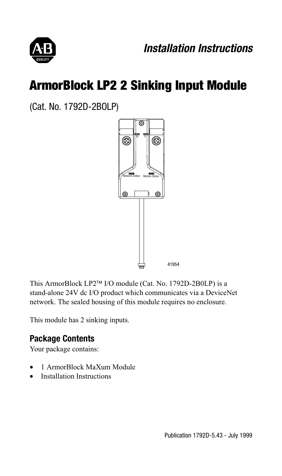 Rockwell Automation 1792D2B0LP ArmorBlock LP2 2 Sinking Input Module User Manual | 10 pages