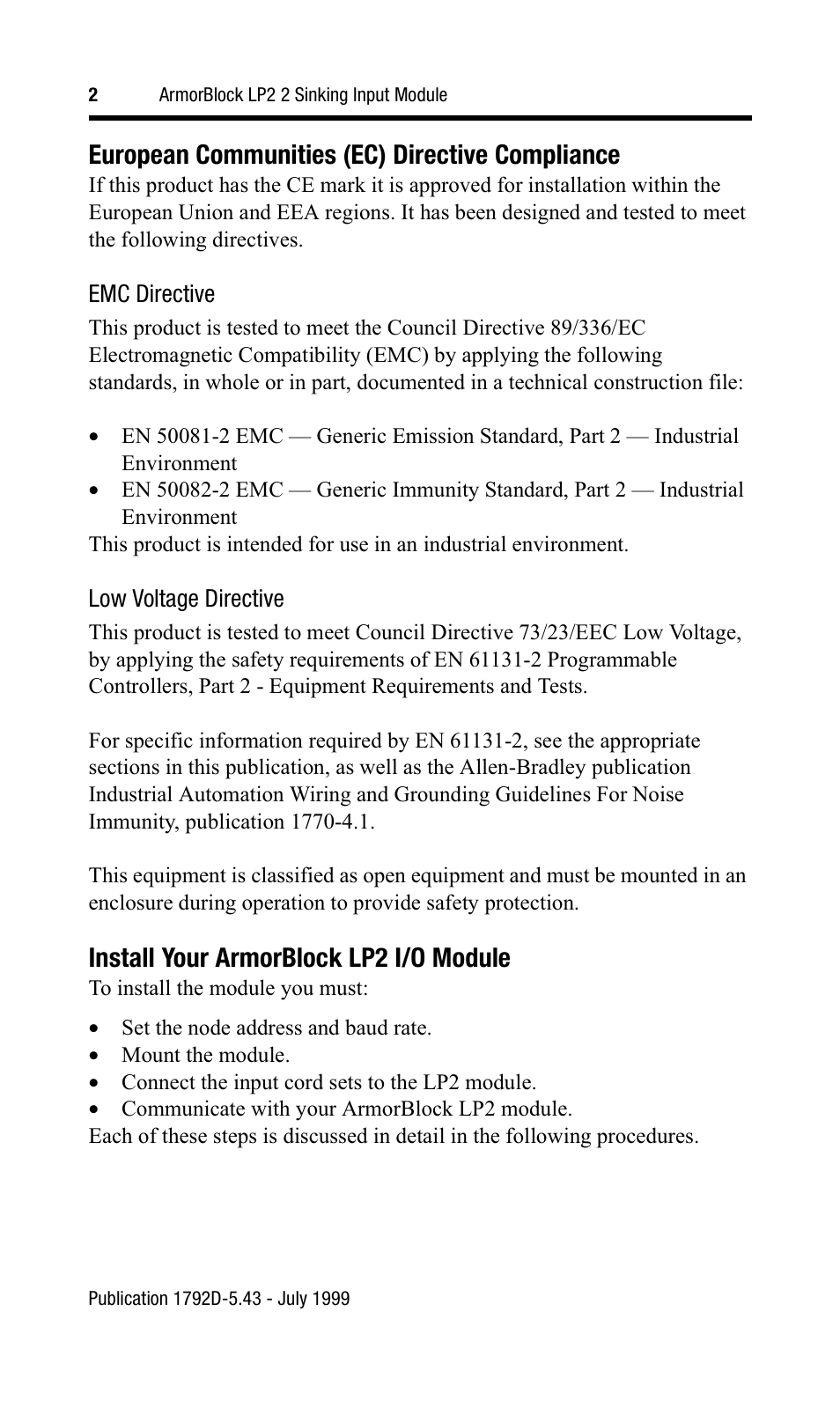 European communities (ec) directive compliance, Install your armorblock lp2 i/o module | Rockwell Automation 1792D2B0LP ArmorBlock LP2 2 Sinking Input Module User Manual | Page 2 / 10