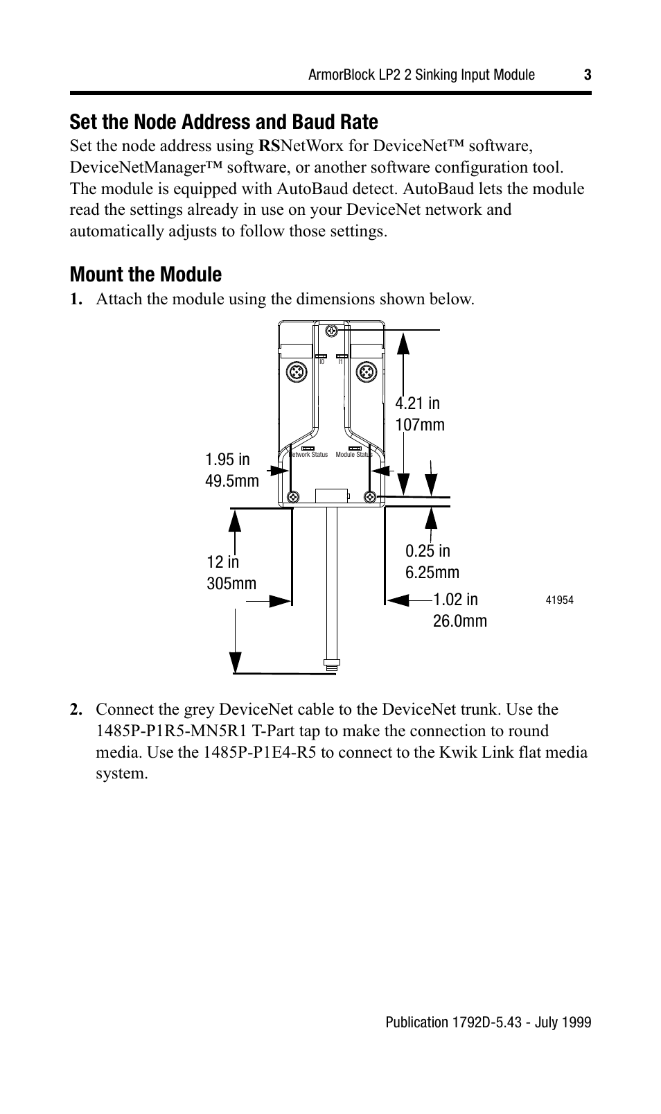 Set the node address and baud rate, Mount the module | Rockwell Automation 1792D2B0LP ArmorBlock LP2 2 Sinking Input Module User Manual | Page 3 / 10