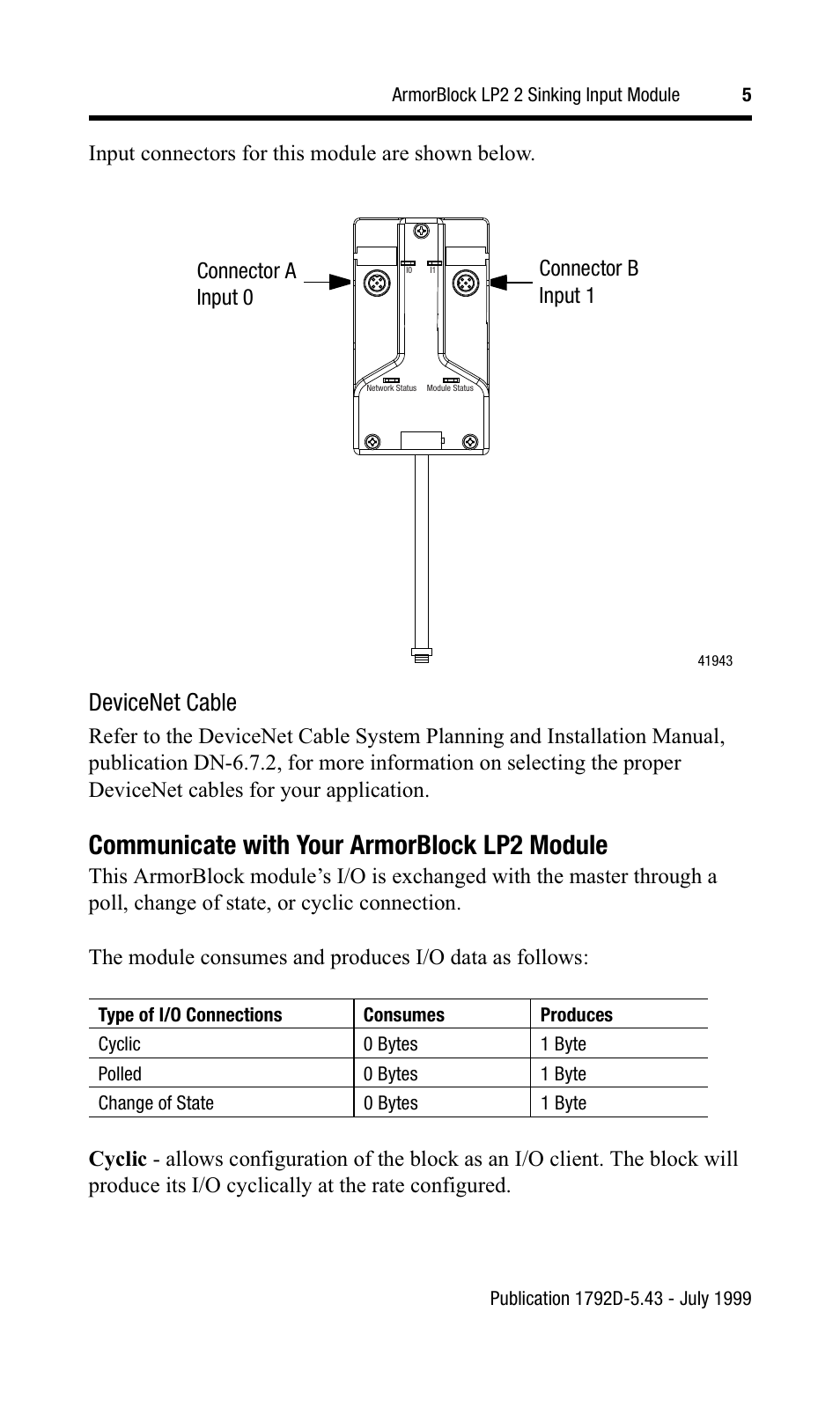 Communicate with your armorblock lp2 module, Devicenet cable, Input connectors for this module are shown below | Connector a input 0 connector b input 1 | Rockwell Automation 1792D2B0LP ArmorBlock LP2 2 Sinking Input Module User Manual | Page 5 / 10