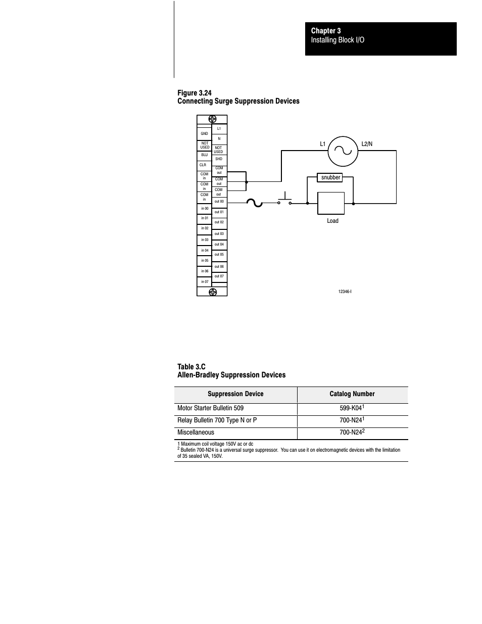 Installing block i/o chapter 3, Figure 3.24 connecting surge suppression devices, Table 3.c allenćbradley suppression devices | Rockwell Automation 1791-XXXX Discrete I/O AC and DC Block I/O Input and Output Modules User Manual | Page 54 / 98