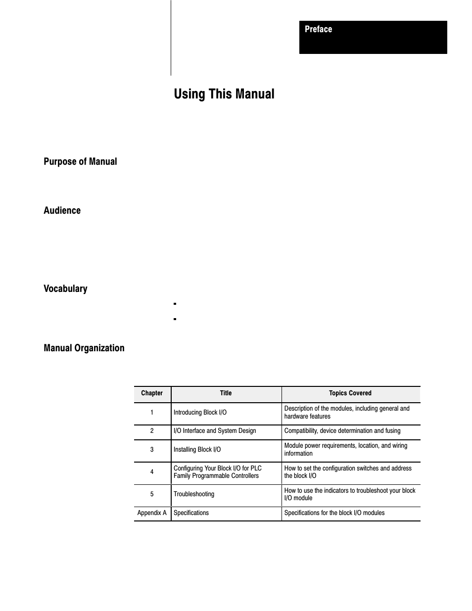 Preface - using this manual, Purpose of manual, Audience | Vocabulary, Manual organization, Using this manual | Rockwell Automation 1791-XXXX Discrete I/O AC and DC Block I/O Input and Output Modules User Manual | Page 6 / 98