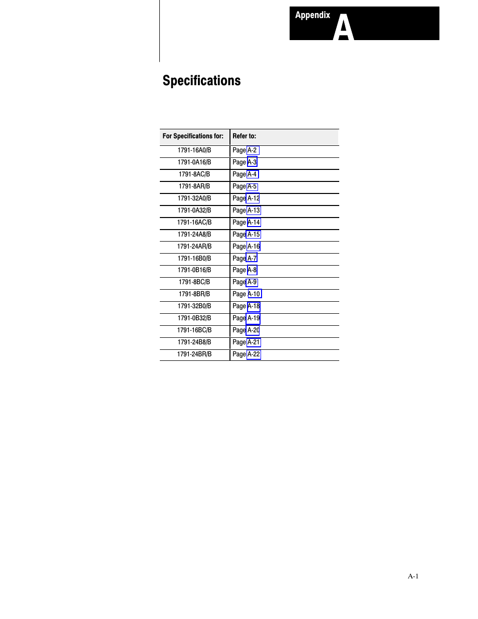 A - specifications, 6shflilfdwlrqv, Sshqgl | Rockwell Automation 1791-XXXX Discrete I/O AC and DC Block I/O Input and Output Modules User Manual | Page 73 / 98