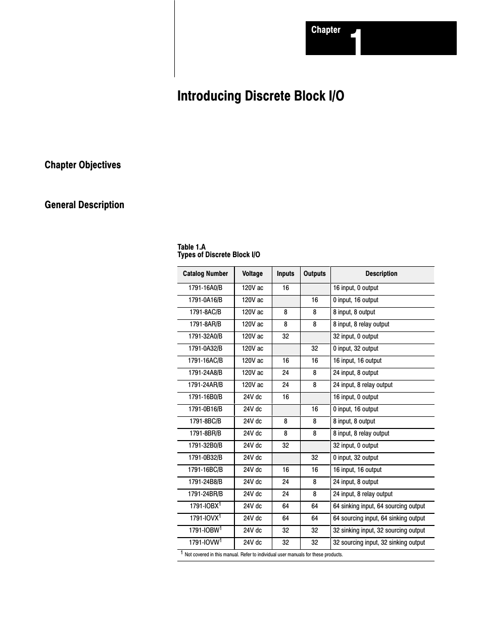 1 - introducing block i/o, Chapter objectives, General description | Introducing discrete block i/o, Chapter objectives general description | Rockwell Automation 1791-XXXX Discrete I/O AC and DC Block I/O Input and Output Modules User Manual | Page 8 / 98