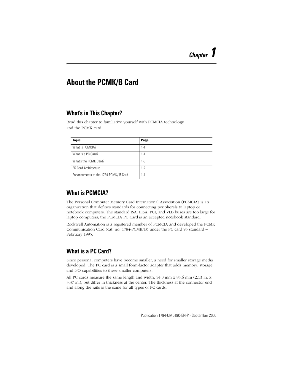 1 - about the pcmk/b card, What’s in this chapter, What is pcmcia | What is a pc card, Chapter 1, About the pcmk/b card, Chapter | Rockwell Automation 1784-PCMK PCMK Communication Card Installation Manual User Manual | Page 13 / 84