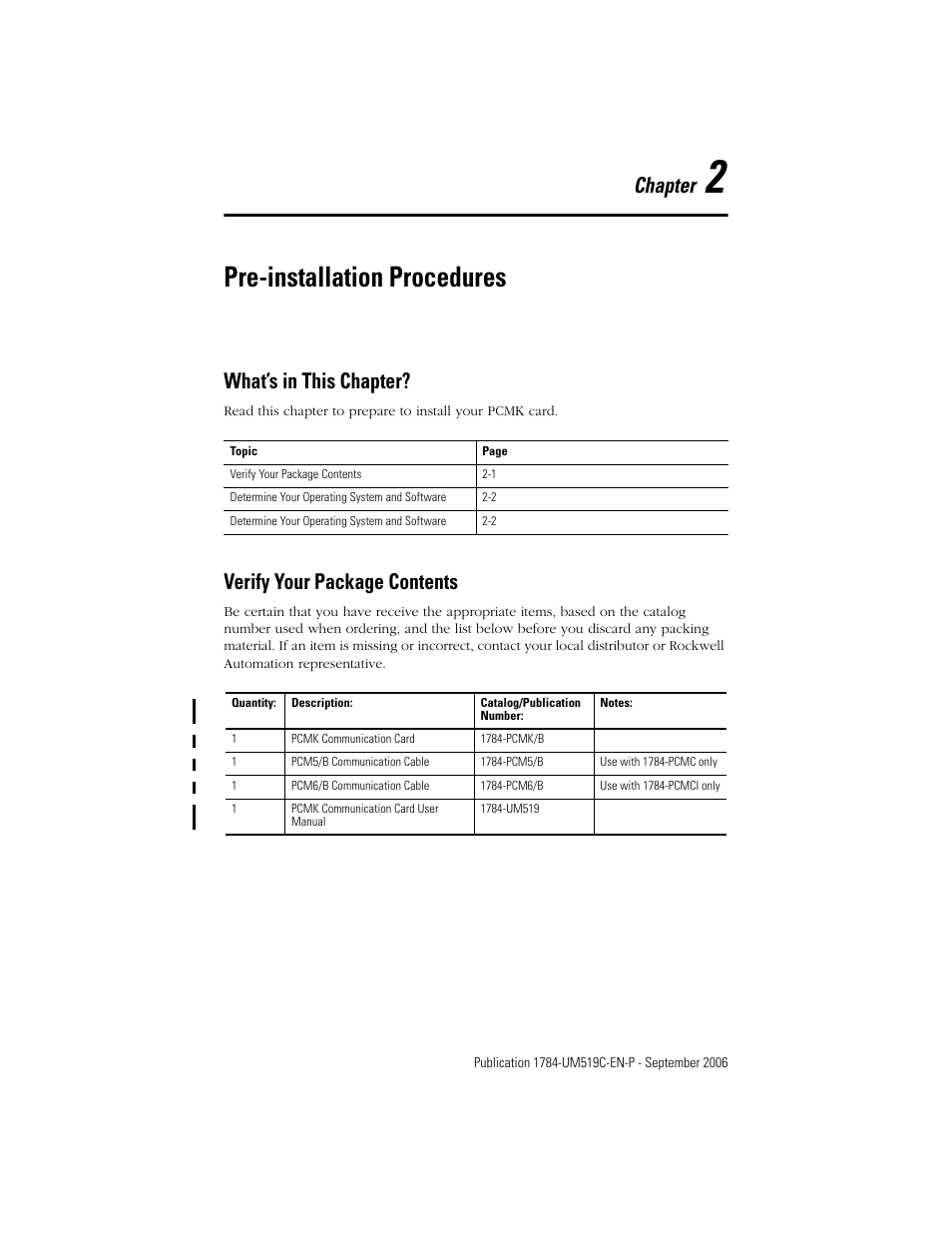 2 - pre-installation procedures, What’s in this chapter, Verify your package contents | Chapter 2, Pre-installation procedures, Chapter | Rockwell Automation 1784-PCMK PCMK Communication Card Installation Manual User Manual | Page 17 / 84