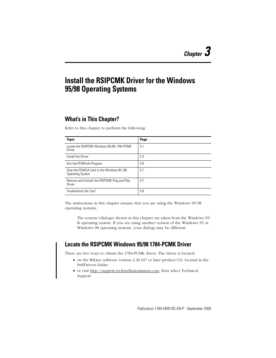 What’s in this chapter, Locate the rsipcmk windows 95/98 1784-pcmk driver, Chapter 3 | Install the rsipcmk driver for the windows, 95/98 operating systems, Chapter | Rockwell Automation 1784-PCMK PCMK Communication Card Installation Manual User Manual | Page 21 / 84