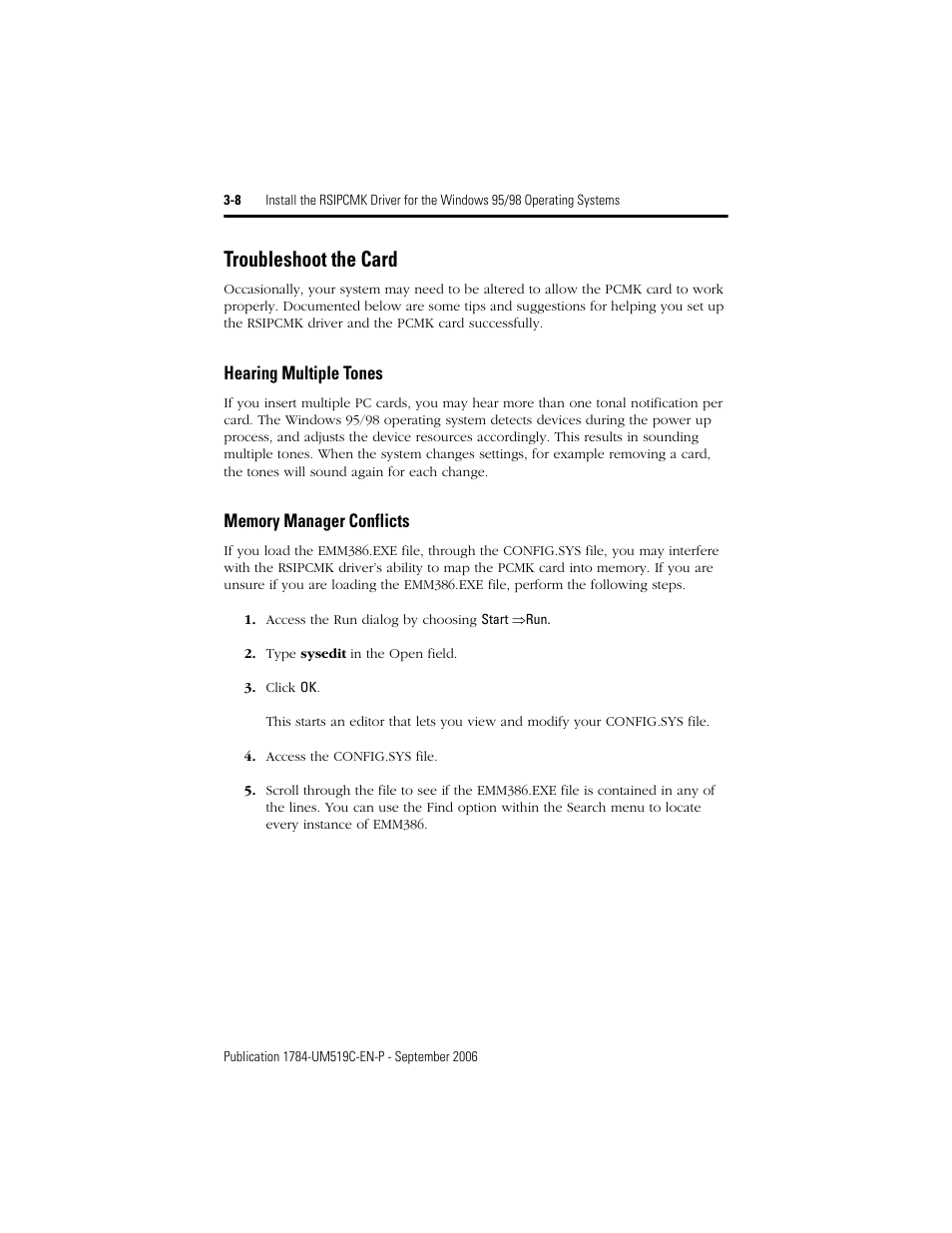 Troubleshoot the card, Hearing multiple tones, Memory manager conflicts | Troubleshoot the card -8 | Rockwell Automation 1784-PCMK PCMK Communication Card Installation Manual User Manual | Page 28 / 84